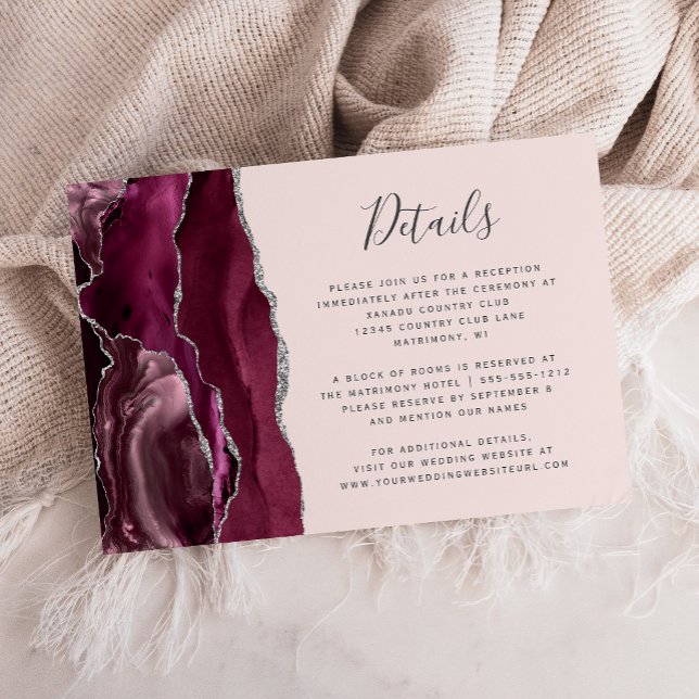 Carte D'accompagnement Burgundy Silver Agate Blush Pink Wedding Details (Créateur téléchargé)