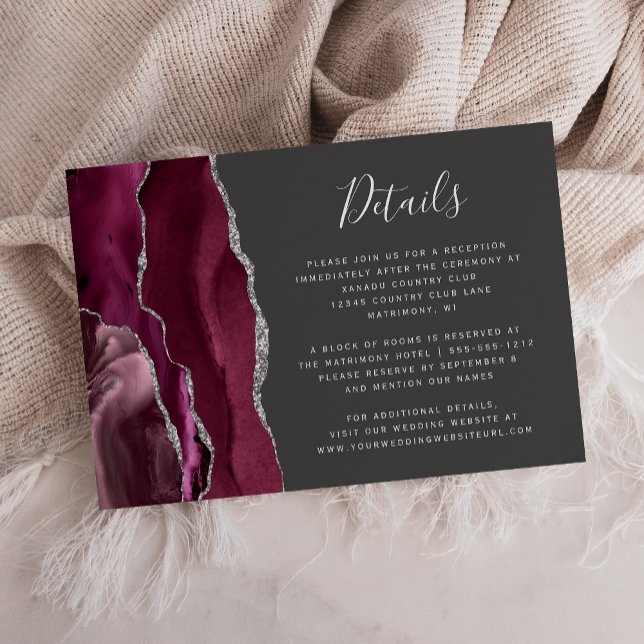 Carte D'accompagnement Burgundy Silver Agate Grey Détails du Mariage (Créateur téléchargé)