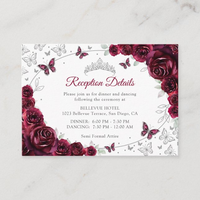 Carte D'accompagnement Burgundy Silver Quinceanera Reception Details (Devant)