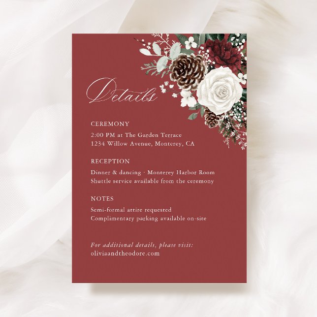 Carte D'accompagnement Burgundy Winter Floral Wedding Details, Infomation (Burgundy winter floral wedding information details card elegant itinerary reception schedule )