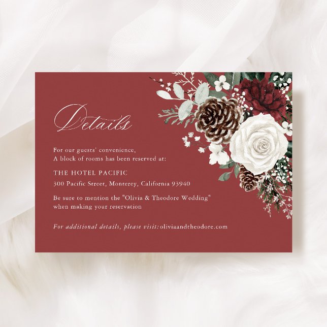 Carte D'accompagnement Burgundy Winter Floral Wedding Hotel Details (Burgundy winter floral wedding details card hotel accommodation rustic elegant stationery)