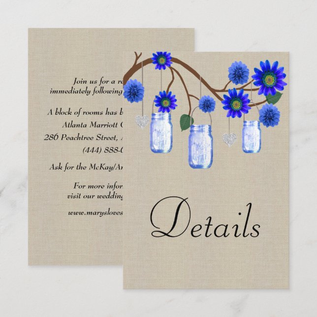Carte D'accompagnement Burlap Blue Floral Mason Jars Détails du Mariage (Devant / Derrière)