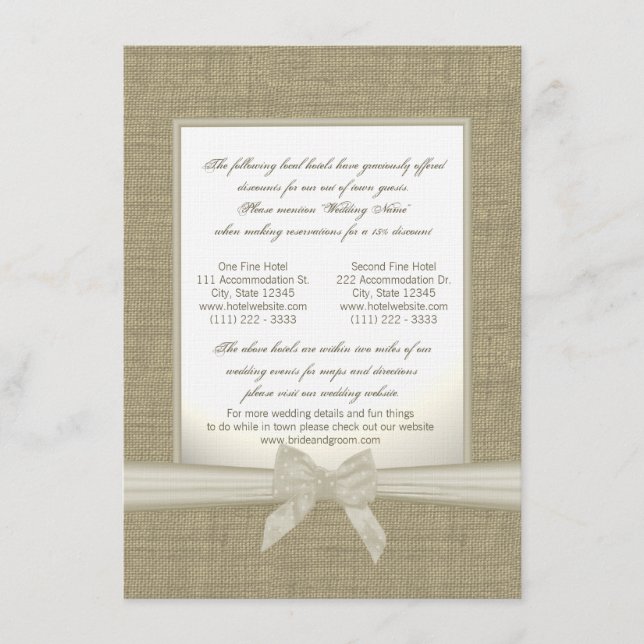 Carte D'accompagnement Burlap et Bow Rustic Mariage Hébergements (Devant)
