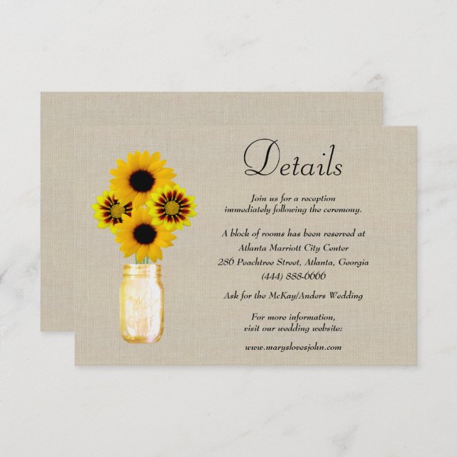 Carte D'accompagnement Burlap Jaune Floral Mason Jar Détails du Mariage (Devant / Derrière)