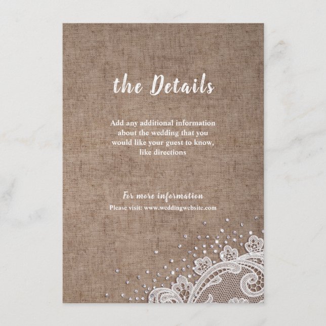 Carte D'accompagnement Burlap Lace argent parties scintillant rustique Ma (Devant)