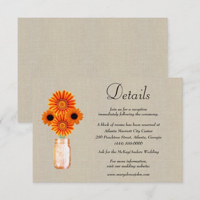 Carte D'accompagnement Burlap Orange Floral Mason Jar Détails du Mariage (Devant / Derrière)