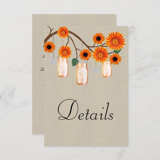Carte D'accompagnement Burlap Orange Floral Mason Jars Détails du Mariage (Devant / Derrière)