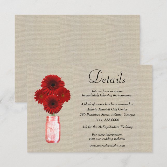 Carte D'accompagnement Burlap Red Floral Mason Jar Détails du Mariage (Devant / Derrière)