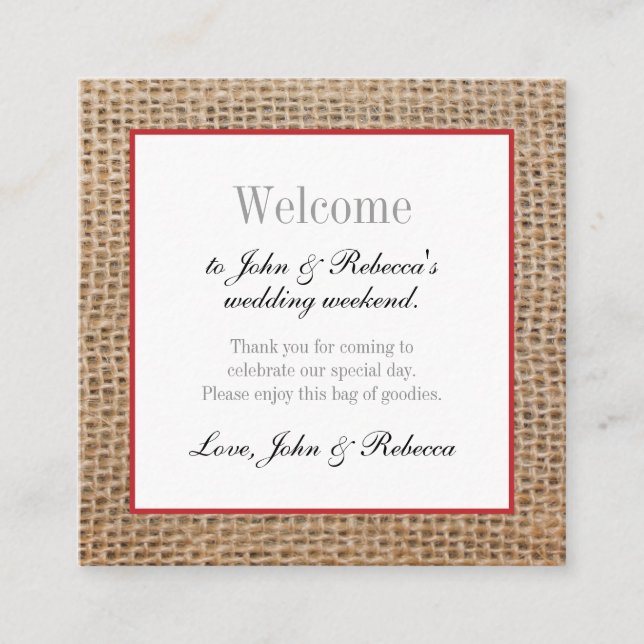 Carte D'accompagnement Burlap & Red Mariage Welcome Card (Devant)