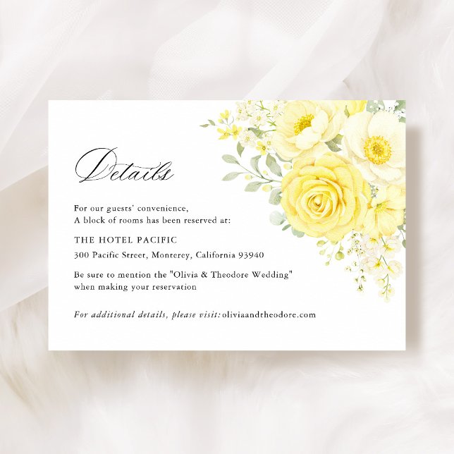 Carte D'accompagnement Butter Yellow Ivory Floral Wedding Hotel Details (butter yellow ivory floral wedding details card hotel accommodation elegant wedding information card)