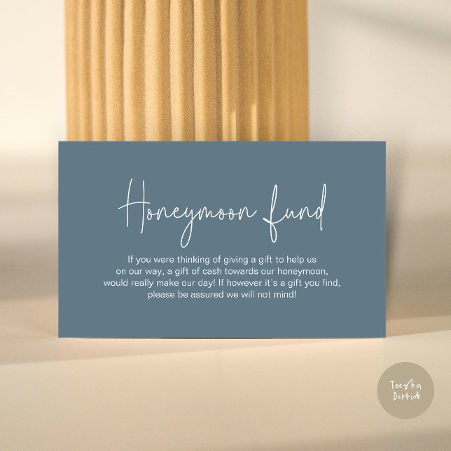 Carte D'accompagnement Cadeau de Lune de Miel de Mariage, Écriture Manusc (Wedding Honeymoon Fund, Modern Romance Handwritten Script Enclosure Card, in Dusty Blue)