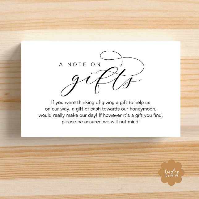 Carte D'accompagnement Cadeau de Lune de Miel de Mariage, Une Note sur le (Wedding Honeymoon Fund, A Note on Gifts, Wish, Cash, Modern Minimal Enclosure Card in Black White)