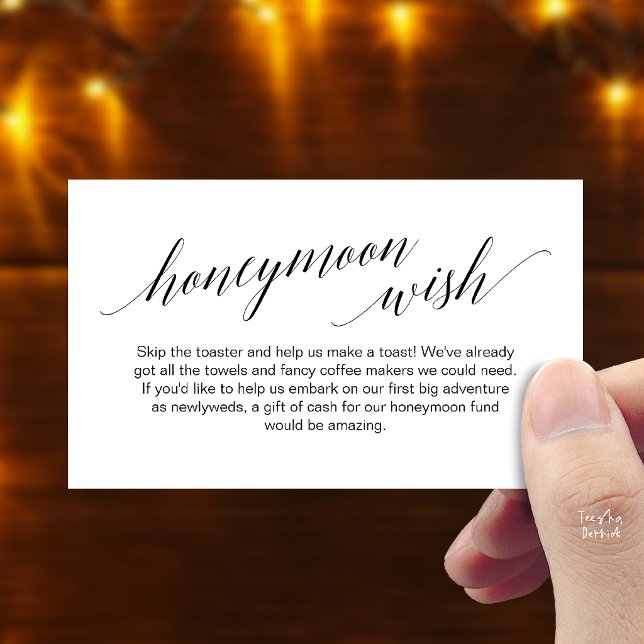 Carte D'accompagnement Cadeau de Lune de Miel Écriture Noire Élégante Mod (Modern Elegant Black Script Honeymoon Fund Wish Enclosure Card in Black and White)