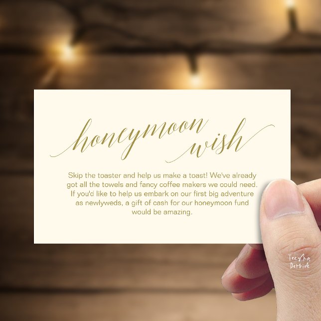 Carte D'accompagnement Cadeau de Mariage Élégant Moderne Écriture Noire (Modern Elegant Black Script Honeymoon Fund Wish Enclosure Card in Yellow Cream Gold)