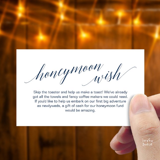 Carte D'accompagnement Cadeau de Mariage Élégant Moderne Écriture Noire (Modern Elegant Black Script Honeymoon Fund Wish Enclosure Card in navy blue)