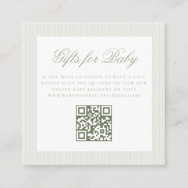 Carte D'accompagnement Cadeaux pour bébé Sage Green en ligne Code QR Regi (Devant)