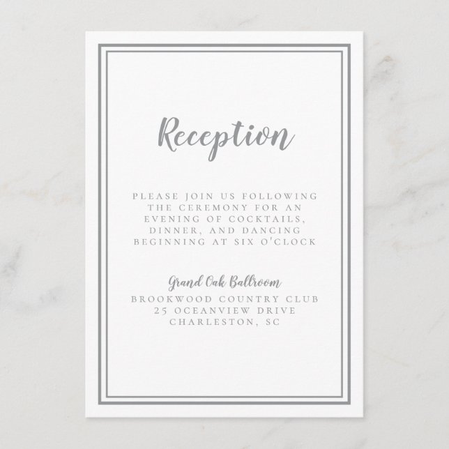 Carte D'accompagnement Cadre blanc simple de réception de mariage gris (Devant)