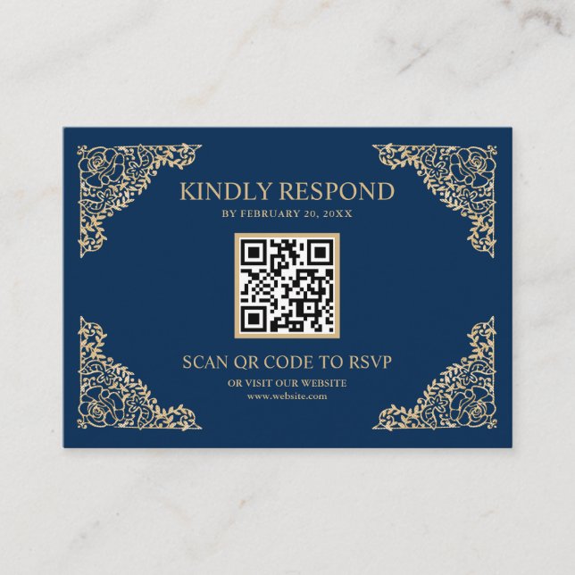 Carte D'accompagnement Cadre bleu et or QR Code RSVP Site Mariage (Devant)