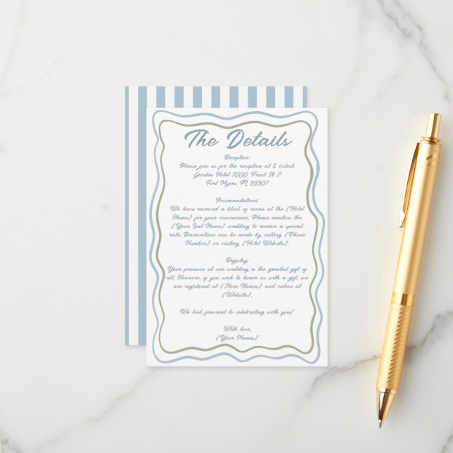 Carte D'accompagnement Cadre de mariage bleu vert ondulé écrit à la main (Devant/Arrière en situation)