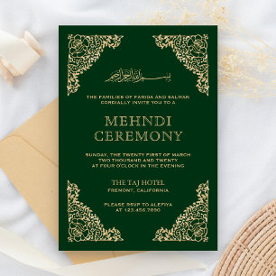 Carte D'accompagnement Cadre Floral Vert et Or Mehndi Islamique Musulman