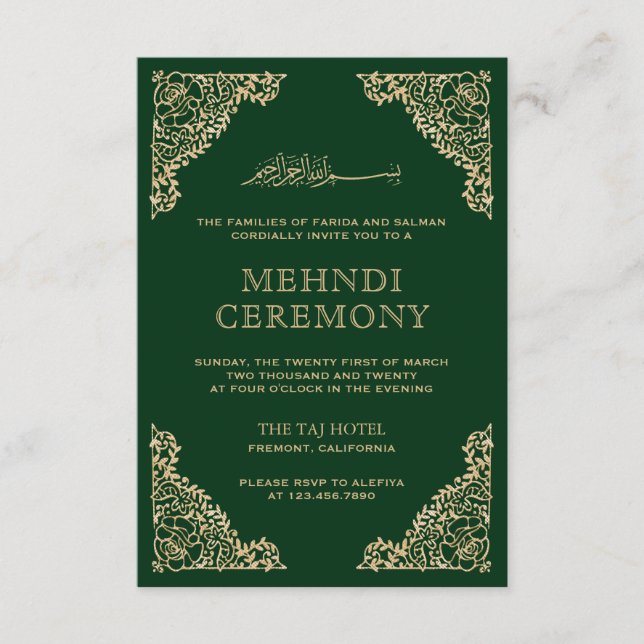 Carte D'accompagnement Cadre Floral Vert et Or Musulman Musulman Mehndi (Devant)