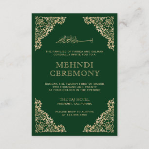 Carte D'accompagnement Cadre Floral Vert et Or Musulman Musulman Mehndi