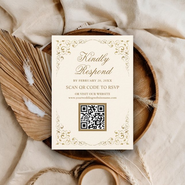 Carte D'accompagnement Cadre rustique tourbillon crème or Code QR RSVP Ma (Créateur téléchargé)