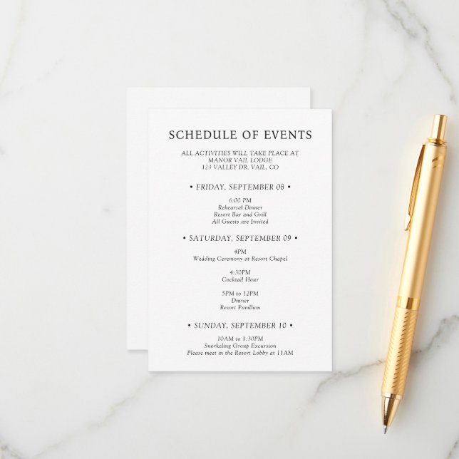 Carte D'accompagnement Calendrier des Événements du Week-end de Mariage a (Devant/Arrière en situation)