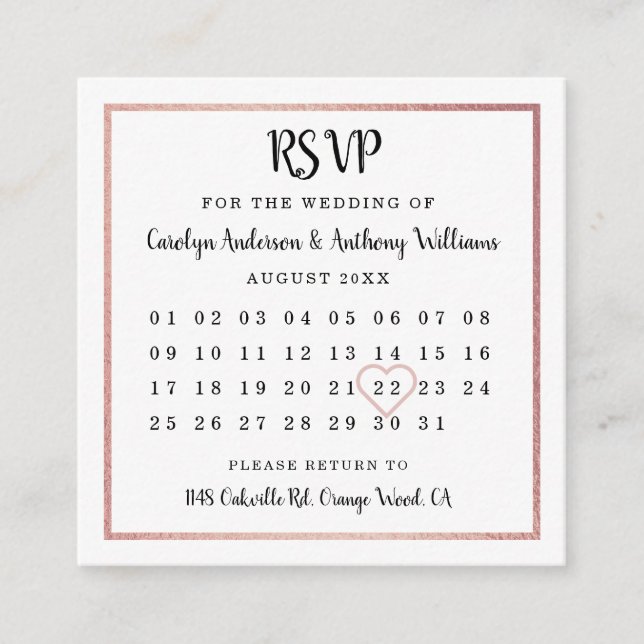 Carte D'accompagnement Calendrier Gold Foil Rose moderne RSVP (Devant)