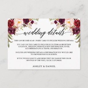 Carte D'accompagnement Calligraphie Bourgogne Floral Détails du Mariage