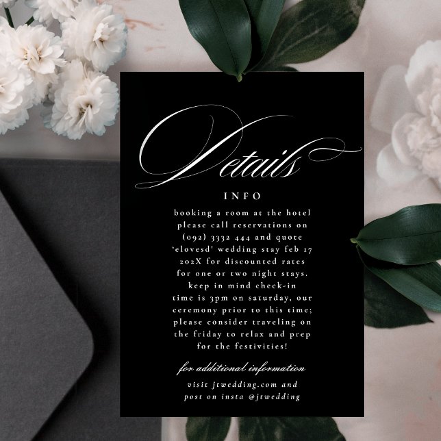 Carte D'accompagnement Calligraphie classique noir blanc Détails Mariage (Créateur téléchargé)