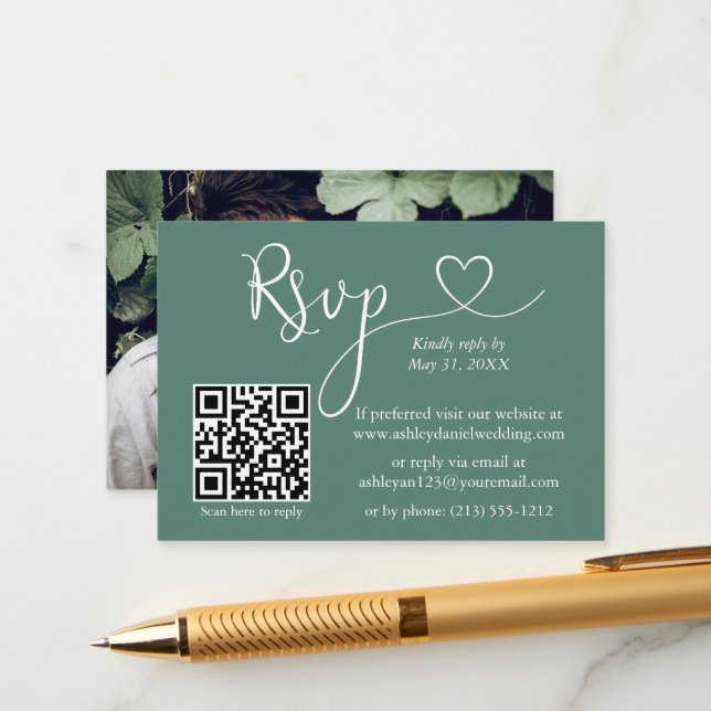 Carte D'accompagnement Calligraphie Coeur Eucalyptus Mariage vert QR RSVP (Devant/Arrière en situation)
