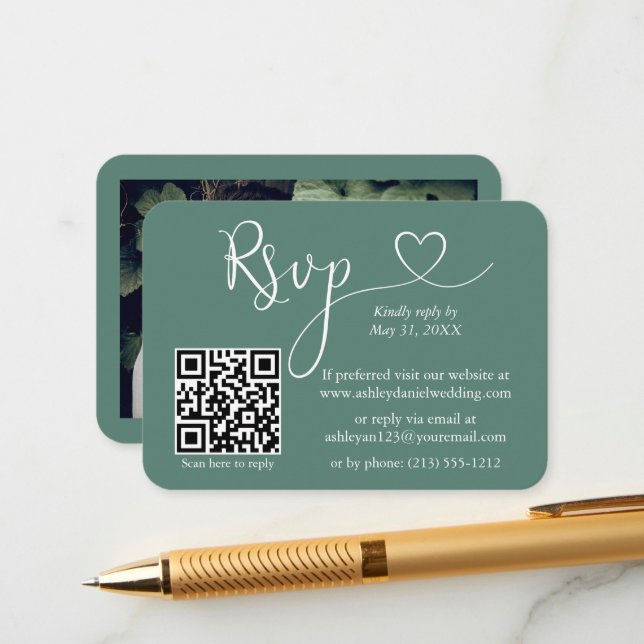 Carte D'accompagnement Calligraphie Coeur Eucalyptus Mariage vert RSVP QR (Devant/Arrière en situation)