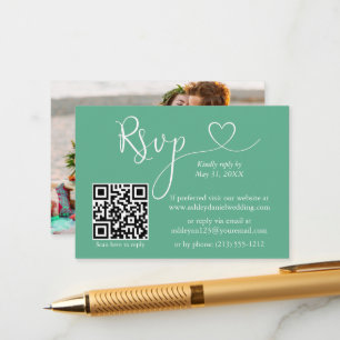 Carte D'accompagnement Calligraphie Coeur Mariage Neo Mint Green QR RSVP