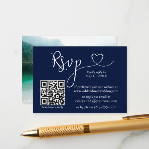 Carte D'accompagnement Calligraphie Coeur Photo Mariage Bleu QR RSVP