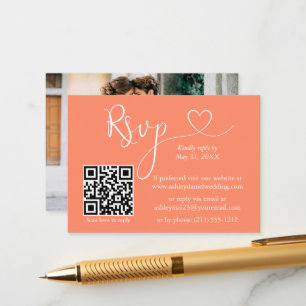 Carte D'accompagnement Calligraphie Coeur Photo Mariage Coral QR RSVP