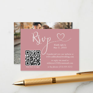 Carte D'accompagnement Calligraphie Coeur Photo Mariage Dusty Rose QR RSV