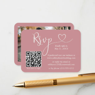 Carte D'accompagnement Calligraphie Coeur Photo Mariage Dusty Rose RSVP Q