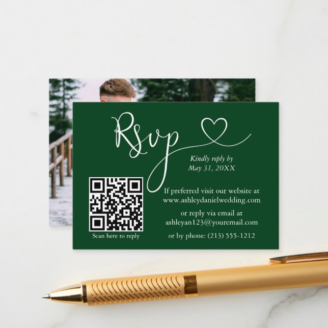 Carte D'accompagnement Calligraphie Coeur Photo Mariage Green QR RSVP (Devant/Arrière en situation)