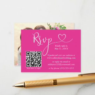 Carte D'accompagnement Calligraphie Coeur Photo Mariage Hot Pink QR RSVP