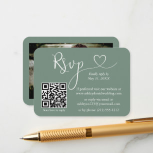 Carte D'accompagnement Calligraphie Coeur Photo Mariage Sage Green RSVP Q