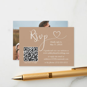 Carte D'accompagnement Calligraphie Coeur Photo Mariage Taupe QR RSVP