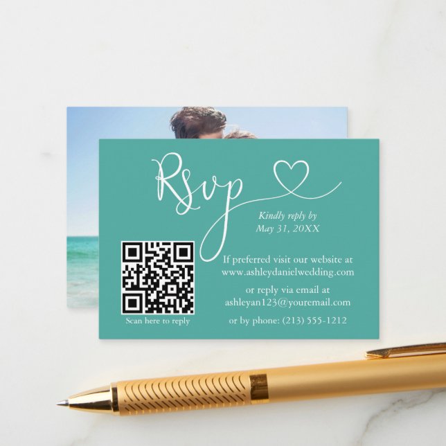 Carte D'accompagnement Calligraphie Coeur Photo Mariage Turquoise QR RSVP (Devant/Arrière en situation)