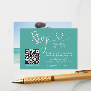 Carte D'accompagnement Calligraphie Coeur Photo Mariage Turquoise QR RSVP