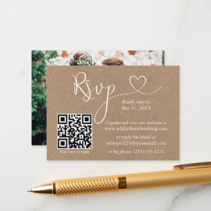 Carte D'accompagnement Calligraphie Coeur QR Photo Kraft Wedding RSVP
