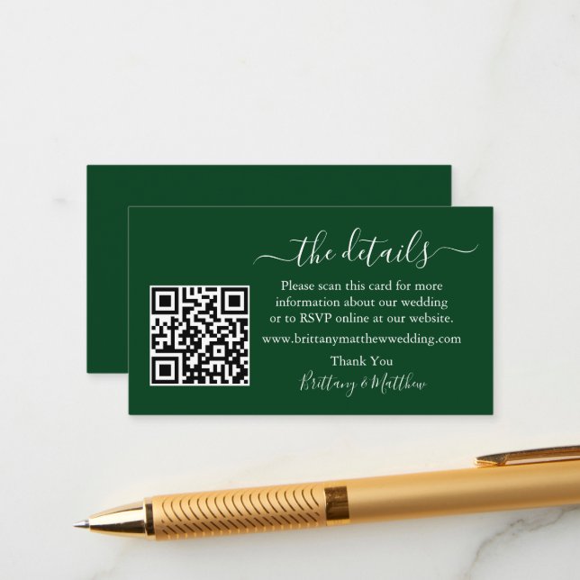 Carte D'accompagnement Calligraphie Détails du Mariage Site Web QR Green (Devant/Arrière en situation)