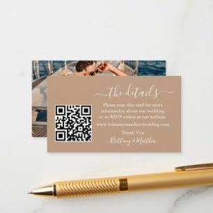 Carte D'accompagnement Calligraphie Détails du Mariage Web QR Photo Taupe