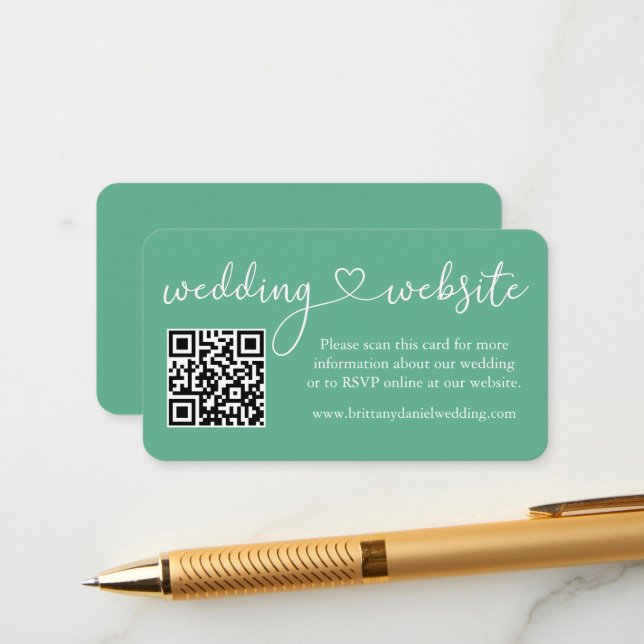 Carte D'accompagnement Calligraphie Heart Mariage Website QR Mint Green (Devant/Arrière en situation)