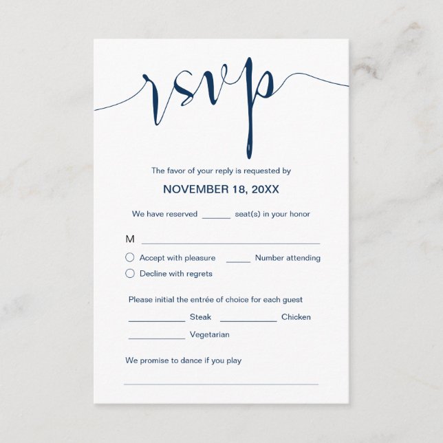 Carte D'accompagnement Calligraphie Mariage, bleu marine simple, dîner RS (Devant)