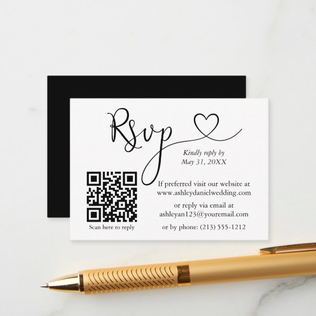 Carte D'accompagnement Calligraphie Mariage cardiaque QR Black RSVP (Devant/Arrière en situation)